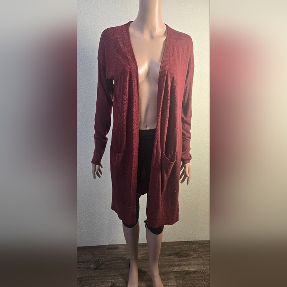 Halogen Women's Long Line Open Cardigan Burgundy  Sz. Medium With Pockets - Picture 2 of 8